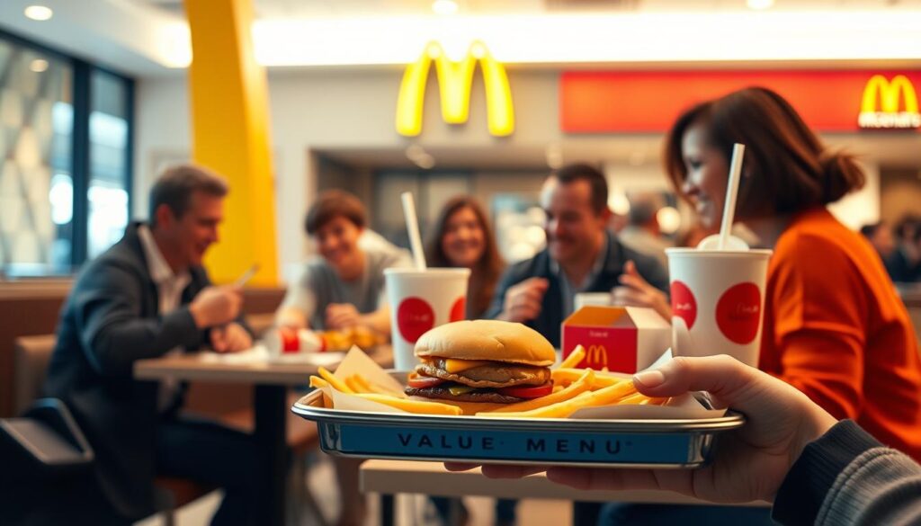 A McDonald's dining area, bathed in warm, inviting lighting. In the foreground, a customer's hands hold a tray filled with a classic cheeseburger, fries, and a soft drink from the Value Menu, showcasing the budget-friendly options. In the middle ground, a group of people enjoy their affordable meals, smiling and engaged in conversation. The background features the iconic golden arches and a clean, modern restaurant design, conveying a sense of accessibility and value. The overall atmosphere is one of thrift and satisfaction, highlighting the smart savings strategy of the McDonald's Budget Menu.