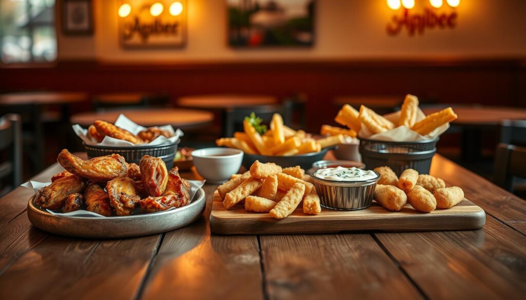A beautifully composed still life showcasing Applebee's irresistible appetizer selection. In the foreground, a tempting array of classic favorites - sizzling boneless wings, creamy spinach and artichoke dip, and golden-fried mozzarella sticks. Artfully arranged on a rustic wooden table, the dishes are illuminated by warm, ambient lighting that casts gentle shadows, creating a cozy, inviting atmosphere. In the middle ground, a selection of dipping sauces and garnishes add pops of color and texture, while the background features a softly blurred view of the restaurant's inviting decor, hinting at the overall dining experience. The entire scene is captured with a shallow depth of field, drawing the viewer's eye directly to the mouthwatering appetizers.