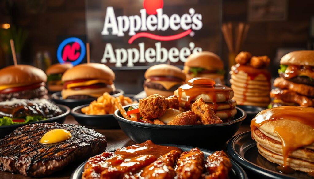 A beautifully lit and detailed scene showcasing the signature menu items of Applebee's. In the foreground, an array of tempting dishes - a juicy steak with garlic butter, steaming fajitas sizzling on a cast-iron skillet, and a stack of fluffy pancakes drizzled in maple syrup. Mouthwatering burgers and crispy chicken tenders occupy the middle ground, while in the background, the Applebee's logo and branding elements create a cohesive and recognizable setting. The lighting is warm and inviting, casting a soft glow over the scene and highlighting the vibrant colors and textures of the food. The composition is balanced and visually appealing, capturing the essence of Applebee's popular menu specialties.