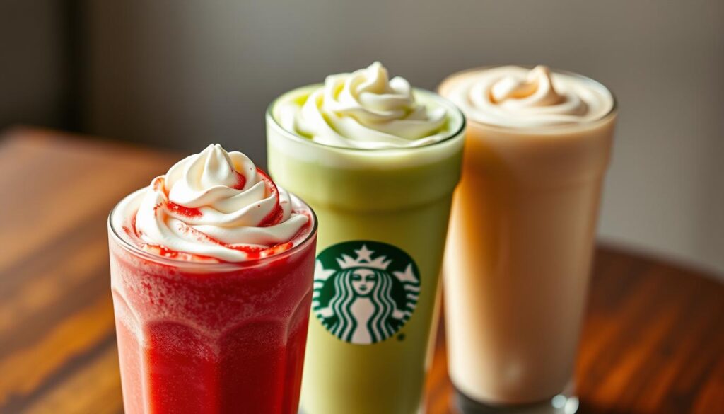 A beautifully lit, high-angle shot showcasing an elegant arrangement of Starbucks Crème Frappuccino flavors. In the foreground, a vibrant red strawberry crème frappuccino, its whipped cream crown glistening under the soft lighting. Beside it, a lush green matcha crème frappuccino, its distinctive green hue accentuated by delicate matcha powder swirls. In the middle ground, a rich and creamy vanilla bean crème frappuccino, its silky texture visible through the clear glass cup. The background features a subtle, hazy bokeh effect, drawing the viewer's attention to the enticing array of non-coffee-based Starbucks blended beverages.