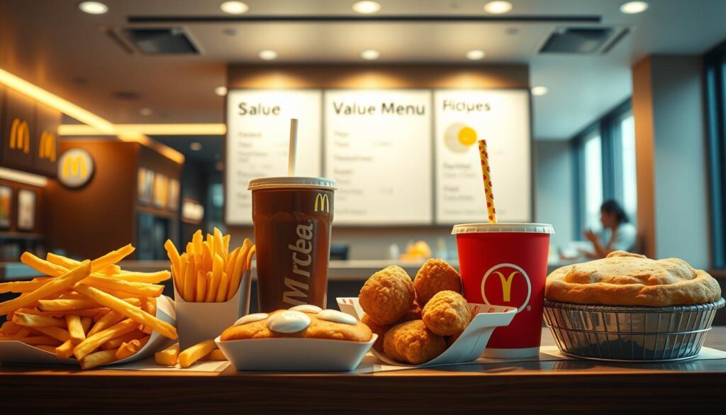 A beautifully lit, photorealistic image of a McDonald's Value Menu featuring an array of popular side items and snacks. The foreground showcases a selection of items including French fries, chicken nuggets, apple pie, and a soft drink. The middle ground features a clean, minimalist menu board with the "Value Menu" title prominently displayed. The background shows a modern, well-lit McDonald's restaurant interior with sleek decor and clean lines. The overall composition conveys a sense of high-quality, affordable menu options in a contemporary, inviting setting. The lighting is warm and natural, emphasizing the delectable appeal of the food items. The camera angle is slightly elevated, giving a clear, enticing view of the Value Menu offerings.