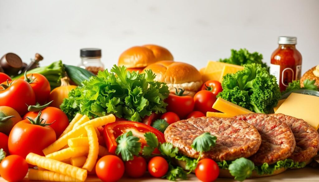 A bountiful display of fresh, high-quality ingredients commonly found in McDonald's menu items. In the foreground, a neatly arranged assortment of vibrant vegetables, ripe tomatoes, crisp lettuce, and juicy beef patties, all illuminated by warm, natural lighting. In the middle ground, golden-brown buns, glistening cheese slices, and aromatic seasonings, suggesting the care and attention given to each component. The background features a clean, neutral backdrop, allowing the ingredients to take center stage and showcase their exceptional quality. The overall mood is one of transparency and pride in the brand's commitment to providing customers with fresh, wholesome ingredients.