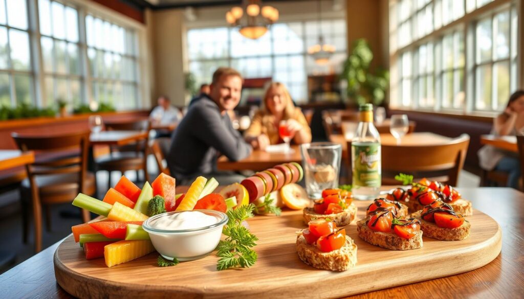 A bright, airy Applebee's restaurant interior, sunlight streaming through large windows. On a wooden table in the foreground, an artful arrangement of healthy appetizers - fresh vegetable crudités with creamy tzatziki dip, juicy fruit skewers, and crisp bruschetta bites topped with diced tomatoes and drizzled with balsamic glaze. The middle ground features a few diners enjoying the light starters, their expressions content. In the background, the restaurant's warm, inviting atmosphere is evident, with soft lighting, greenery, and natural textures creating a relaxing ambiance. The overall scene conveys a sense of wellness, balance, and mindful indulgence.