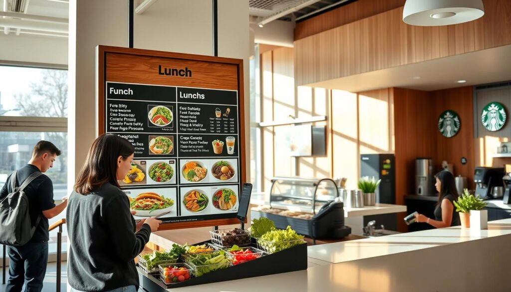 A bright, airy Starbucks cafe interior with a prominently displayed lunch menu board. In the foreground, a customer is configuring their custom lunch order, selecting from a variety of fresh ingredients like leafy greens, colorful vegetables, and protein options. The middle ground features a sleek, modern counter with a barista preparing beverages. The background showcases the cafe's signature warm wood tones, large windows allowing natural light to stream in, and subtle Starbucks branding elements. The overall atmosphere is one of modern, customizable convenience, enticing the viewer to explore the lunch menu's flexibility and personalization.