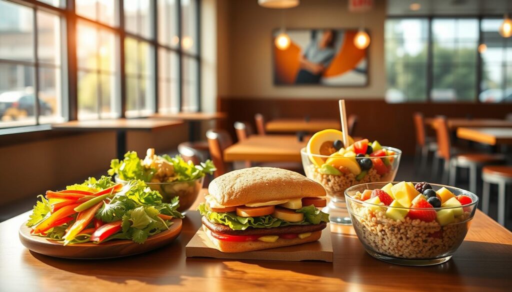 A bright, airy diner-style setting with a clean, modern aesthetic. On a wooden table, an array of healthy Subway breakfast options are artfully arranged: a fresh, crisp vegetable medley, a protein-packed egg white sandwich, a hearty breakfast bowl with quinoa and avocado, and a refreshing fruit cup. Warm, natural lighting filters through large windows, casting a warm glow over the scene. The overall mood is inviting, nutritious, and visually appealing, capturing the essence of a wholesome Subway breakfast experience.