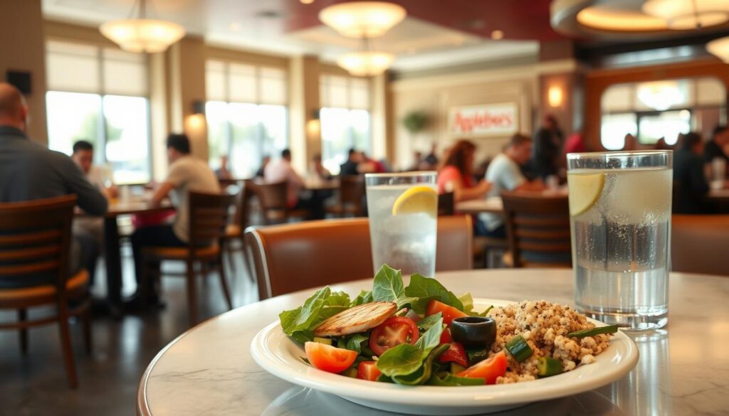 A bright and airy Applebee's restaurant interior, with modern and inviting decor. On the table in the foreground, an array of healthy menu options are elegantly presented - a grilled chicken salad with fresh greens, tomatoes, and a light vinaigrette dressing, a plate of steamed vegetables with a protein-rich quinoa side, and a refreshing glass of water with a lemon wedge. The lighting is soft and natural, creating a calm and relaxing atmosphere. In the background, patrons are enjoying their meals, creating a sense of community and wellness. The overall scene conveys a healthier dining experience at Applebee's, showcasing their commitment to providing nutritious and flavorful options.