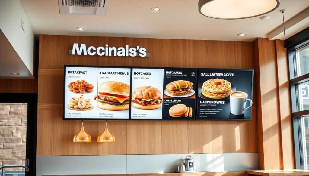 A bright, modern McDonald's restaurant interior with a prominent digital menu board showcasing the breakfast menu items. The menu features classic breakfast sandwiches, hotcakes, hash browns, and coffee against a warm, inviting backdrop of wood and metal finishes. Natural light filters in through large windows, creating a cozy, welcoming atmosphere. The camera angle is slightly elevated, giving a comprehensive view of the breakfast menu options, with careful attention to visual balance and appetizing presentation.