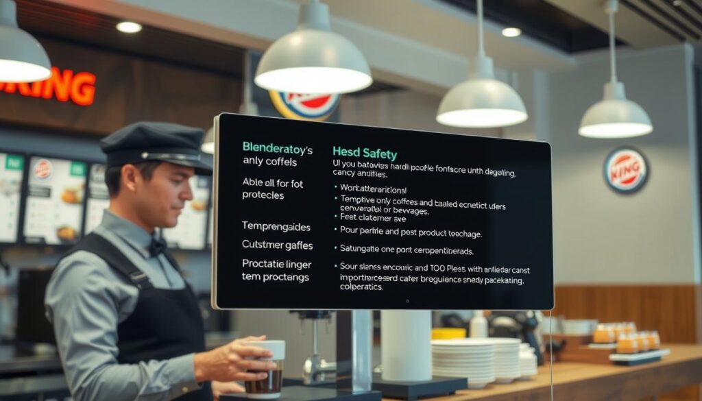A bright, well-lit café interior with a prominent Burger King counter and menu boards in the background. In the foreground, a barista in a crisp uniform carefully preparing a hot coffee, following a clear set of instructions displayed on a sleek, modern signage. The signage outlines detailed safety protocols for handling and serving hot beverages, including temperature guidelines, pour techniques, and customer engagement procedures. The overall atmosphere conveys a sense of professionalism, efficiency, and care for customer safety.