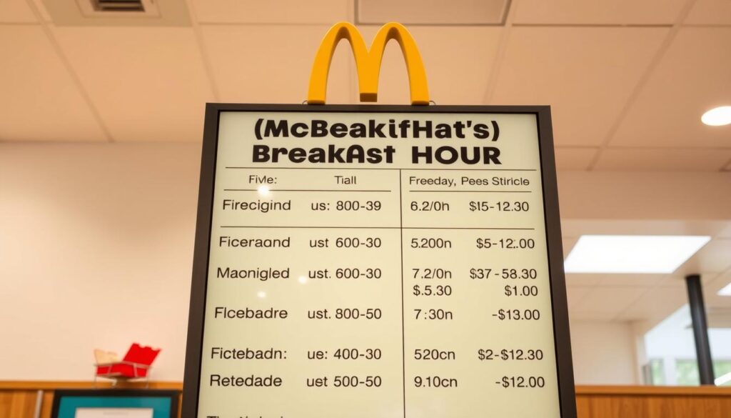 A bright, well-lit image of a McDonald's breakfast menu board displayed in the foreground, showcasing the various breakfast items and their corresponding serving hours. The menu is presented in a clear, legible font against a clean, neutral background, with a warm, inviting color palette that reflects the cozy atmosphere of a McDonald's restaurant. The image is captured from a slightly elevated angle, giving a sense of depth and highlighting the details of the menu. The lighting is natural and evenly distributed, creating a pleasant, appetizing ambiance. The overall composition is balanced and visually appealing, drawing the viewer's attention to the key information about McDonald's breakfast menu hours.