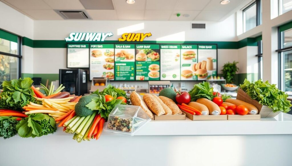 A bright, well-lit interior of a modern Subway restaurant, showcasing a selection of their healthiest menu options. In the foreground, a variety of fresh vegetables, lean proteins, and whole-grain breads are artfully arranged on a clean, minimalist counter. The middle ground features a large menu board highlighting nutritious sub options, salads, and signature sauces. In the background, natural light streams in through large windows, creating a warm, inviting atmosphere. The overall scene conveys a sense of freshness, quality, and a commitment to providing healthful choices for health-conscious customers.