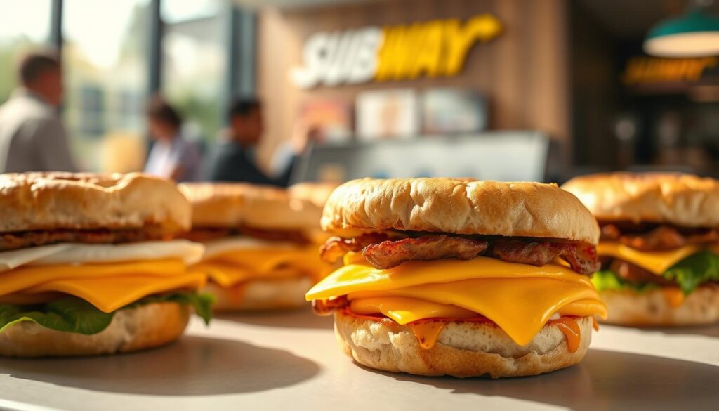 A bright, well-lit scene showcasing an assortment of freshly prepared Subway breakfast sandwiches. In the foreground, a variety of savory options are artfully arranged, including egg, cheese, and meat fillings nestled between toasted and golden-brown English muffins. The middle ground features a blurred background, hinting at the bustling Subway restaurant interior, with its modern, clean aesthetic. Soft, natural lighting casts a warm glow, accentuating the inviting textures and colors of the sandwiches. The overall mood is one of appetite-inducing temptation, inviting the viewer to imagine the flavors and satisfying crunch of these morning delights.