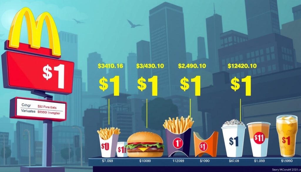 A brightly lit and detailed digital illustration showcasing the regional price variations of McDonald's $1 menu items. The foreground features a prominent McDonald's restaurant sign, with its classic golden arches and a clear display of "$1" menu pricing. In the middle ground, various menu items such as burgers, fries, and beverages are shown, each with distinct price tags to highlight the regional differences. The background depicts a diverse urban landscape, capturing the diverse locations where these affordable menu options are available. The overall scene conveys a sense of accessibility and value, inviting the viewer to explore the best deals across different McDonald's locations.