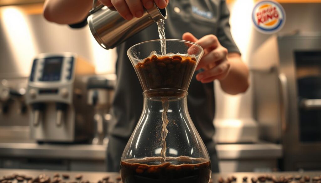 A brightly lit, close-up view of the cold brew preparation process at Burger King. In the foreground, freshly roasted coffee beans are slowly dripping into a glass carafe, the rich, dark liquid gradually filling the container. Behind it, a barista's hands carefully measure and pour filtered water over the grounds, their movements precise and methodical. The background features the clean, modern Burger King kitchen, stainless steel appliances gleaming under warm, directional lighting. The overall scene conveys a sense of quality, care, and attention to detail in the creation of this refreshing cold brew beverage.