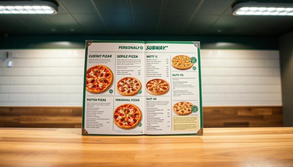 A brightly lit, high-resolution image of a Subway personal pizza menu displayed on a stylish wooden counter. The menu features clear, mouth-watering photographs of various customizable pizza options, accompanied by concise descriptions and pricing information. The layout is clean and organized, with a modern, minimalist aesthetic. Soft shadows and highlights create depth and dimension, drawing the viewer's attention to the inviting pizza options. The overall atmosphere conveys a sense of high-quality, artisanal pizza offerings in a casual, welcoming Subway setting.