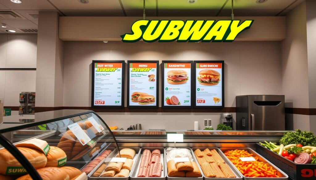 A brightly lit, modern Subway restaurant interior, showcasing the chain's signature menu items. In the foreground, a display case features an array of freshly baked breads, meats, and vegetables, inviting the viewer to create their own customized sandwich. In the middle ground, framed menu boards highlight the latest Subway meal deals and special offers, prominently displayed against a clean, minimalist backdrop. The overall scene conveys a sense of freshness, convenience, and a wide range of delicious, high-quality options for the health-conscious consumer. Soft, directional lighting illuminates the scene, casting a warm, inviting glow and emphasizing the vibrant colors of the ingredients.