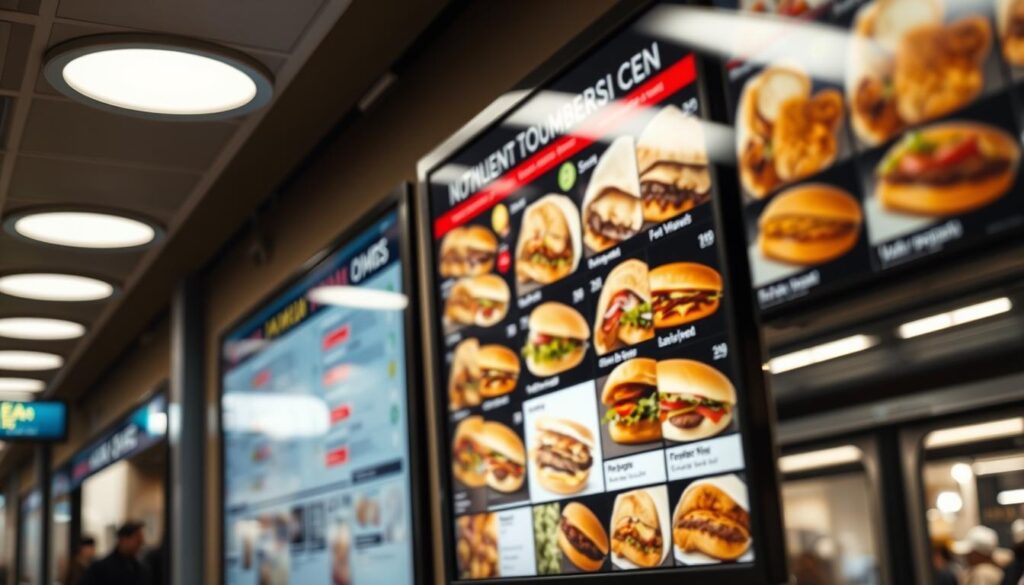 A brightly lit subway station setting, with a large illuminated menu board prominently displayed on the wall. The menu showcases a variety of delectable sandwich combinations, each featuring fresh ingredients and enticing visuals. In the foreground, the menu is the focal point, captured with a shallow depth of field to emphasize its importance. The background is slightly blurred, suggesting the bustling atmosphere of the subway environment, with the hint of commuters and trains in the distance. The lighting is warm and inviting, creating a cozy and appealing atmosphere, perfectly suited for a late-night dinner craving.