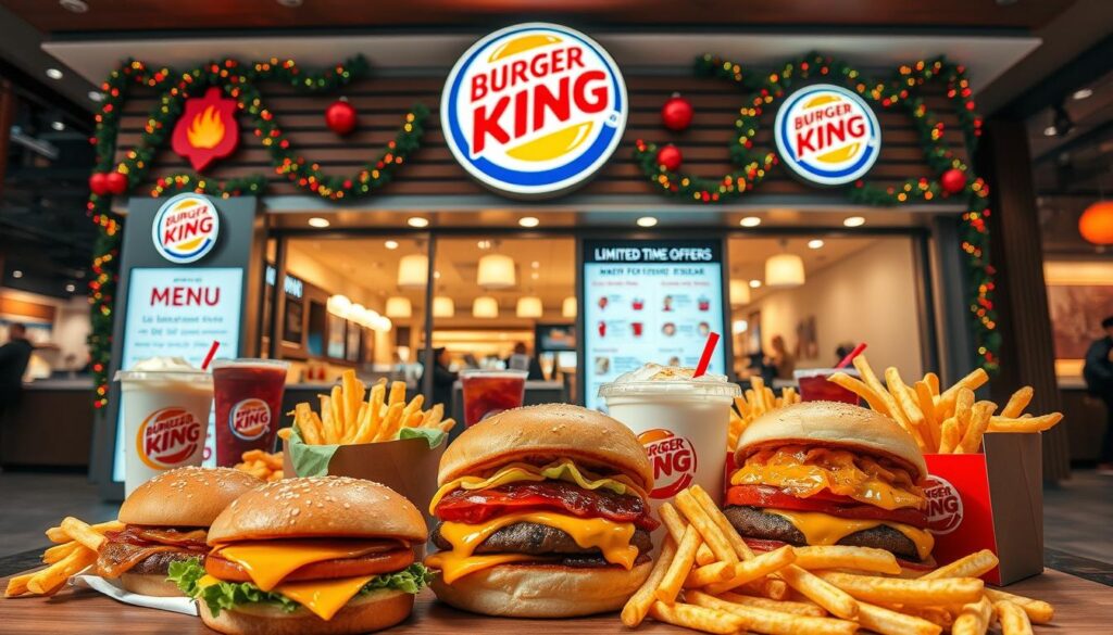A bustling Burger King restaurant, its exterior adorned with vibrant seasonal decorations. In the foreground, an array of tempting burgers, fries, and drinks are artfully displayed, their mouthwatering colors and textures captured in high-resolution detail. The middle ground showcases a menu board highlighting the latest limited-time offers, presented in a clean, modern design. The background features a cozy, inviting atmosphere, with warm lighting and a sense of energy and excitement. The overall composition conveys the idea of delicious, seasonal deals available at this Burger King location, enticing the viewer to explore the offerings. Captured through a wide-angle lens, the image provides a comprehensive view of the establishment and its seasonal promotions.