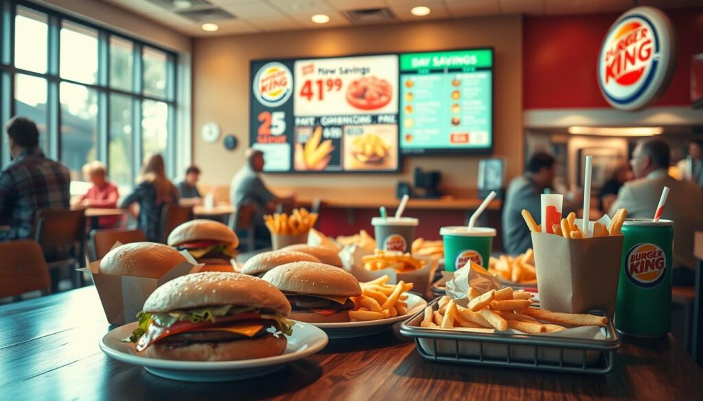 A bustling Burger King restaurant, sunlight streaming through the windows. In the foreground, an assortment of tempting lunch specials - burgers, fries, and drinks, arranged neatly on a wooden table. The middle ground features a menu board highlighting the day's savings, with bright, colorful graphics and enticing offers. In the background, patrons enjoy their meals, engaged in conversation and creating a lively, energetic atmosphere. The lighting is warm and inviting, with a slight vignette effect to draw the viewer's eye towards the delectable dishes. The scene conveys a sense of convenience, value, and satisfaction, perfectly encapsulating the "Customer Savings Tips and Strategies" theme.