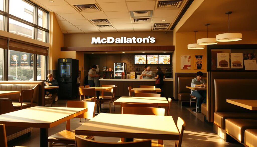 A bustling McDonald's breakfast location, captured with a wide-angle lens to showcase the varied seating arrangements and dining experiences. The warm, inviting atmosphere is enhanced by soft, natural lighting filtering through the windows, casting a golden glow over the scene. In the foreground, a mix of individual tables and cozy booths cater to different customer preferences, while the middle ground features a self-service kiosk and a counter for order pickup. In the background, the restaurant's signature decor and branding elements subtly create a sense of familiarity and brand recognition. The overall impression conveys the localized nature of McDonald's breakfast service, with nuanced differences in layout and timing across various restaurant locations.