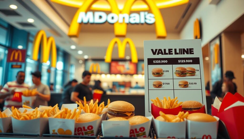 A bustling McDonald's restaurant with a prominent Value Menu display in the foreground. Vibrant golden arches and a clean, modern interior create an inviting atmosphere. The Value Menu options are presented as a grid of crisp, photorealistic food items, each with a simple price tag. The lighting is warm and natural, highlighting the appetizing textures and colors of the budget-friendly menu items. The scene conveys a sense of convenience, affordability, and the satisfying experience of a classic McDonald's meal. A slight low-angle perspective emphasizes the abundance and accessibility of the Value Menu options.