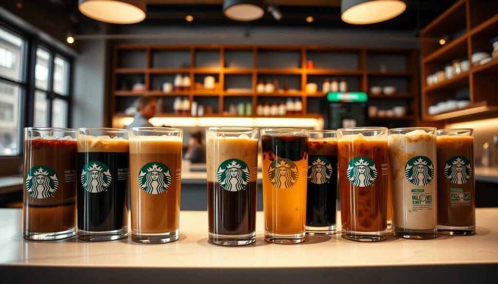 A carefully curated display of Starbucks' cold brew coffee options, captured in a warm and inviting setting. In the foreground, an array of clear glass containers showcases the rich, smooth cold brew concoctions, each with its own distinct flavor profile. The middle ground features a sleek, minimalist counter, allowing the beverages to take center stage. In the background, a softly lit, modern cafe atmosphere sets the stage, exuding a sense of calm and relaxation. The lighting is soft and diffused, casting a cozy glow over the scene, while the camera angle emphasizes the depth and dimension of the display, inviting the viewer to explore the various cold brew choices. Overall, the image conveys the premium quality and artisanal nature of Starbucks' cold brew offerings, perfectly aligning with the "Cold Brew and Iced Coffee Selection" section of the article.
