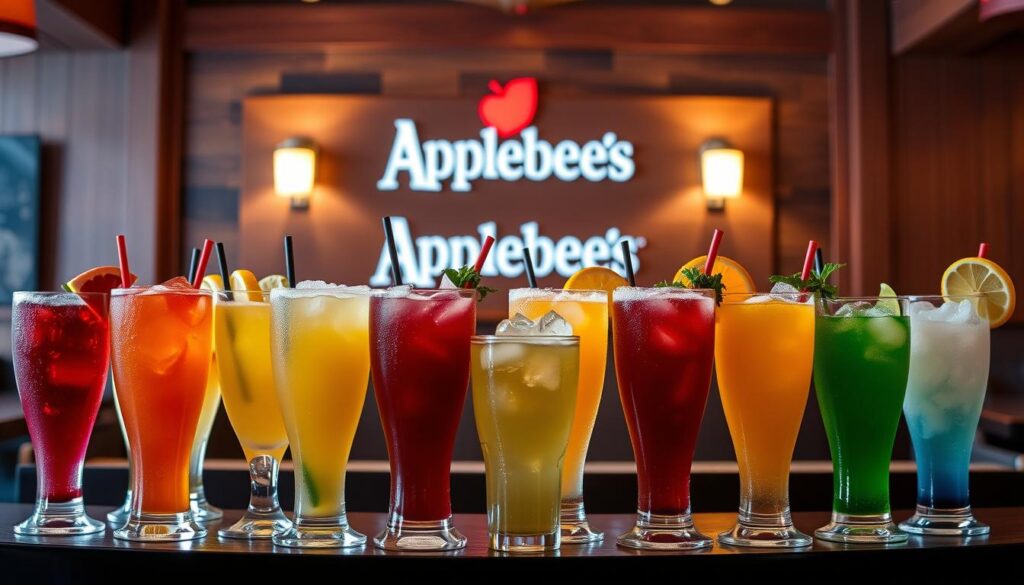 A cheerful display of colorful Applebee's bucket drinks, set against a warm, inviting backdrop. In the foreground, an array of tall, frosty glasses filled with vibrant cocktails, each topped with a festive garnish. The middle ground showcases the iconic Applebee's logo, subtly hinting at the brand's presence. The background blends a cozy, casual atmosphere with hints of rustic wood paneling and soft lighting, creating an atmosphere of relaxation and indulgence. The overall scene radiates a sense of sociability and shared enjoyment, perfectly capturing the essence of Applebee's bucket drink selection.