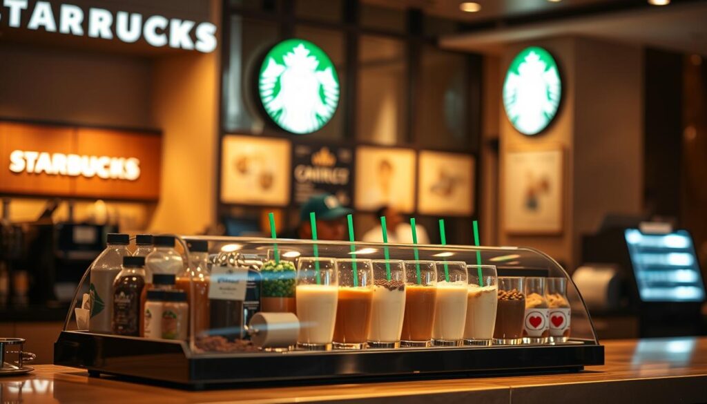 A chic and contemporary Starbucks cafe counter, bathed in warm, soft lighting. On the counter, a sleek glass display showcases an array of customizable Frappuccino options - an assortment of syrups, toppings, and mix-ins arranged neatly. The background features blurred, out-of-focus Starbucks branding and signage, creating a sense of depth and emphasis on the central display. The overall mood is one of sophisticated, artisanal coffee culture, inviting the viewer to explore the endless possibilities of Frappuccino customization.