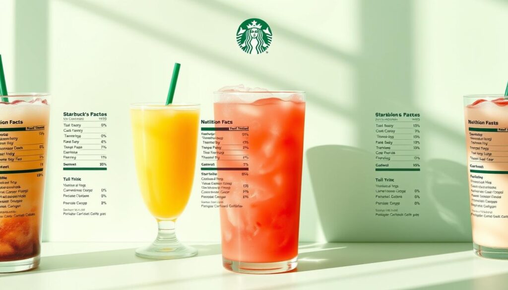 A chic, modern Starbucks-inspired nutrition guide featuring an array of cold drinks and refreshers. A clean, minimalist design showcases each drink's nutritional information in a crisp, easy-to-read layout against a pale green background, evoking a sense of freshness. Subtle hints of the Starbucks brand identity, such as the iconic siren logo or color palette, are tastefully incorporated to maintain brand recognition. The overall composition is balanced, with the nutrition facts prominently displayed in the center, surrounded by neatly arranged drink icons or silhouettes. Soft, natural lighting casts gentle shadows, creating depth and dimension. The result is a visually appealing, informative resource that seamlessly blends form and function.