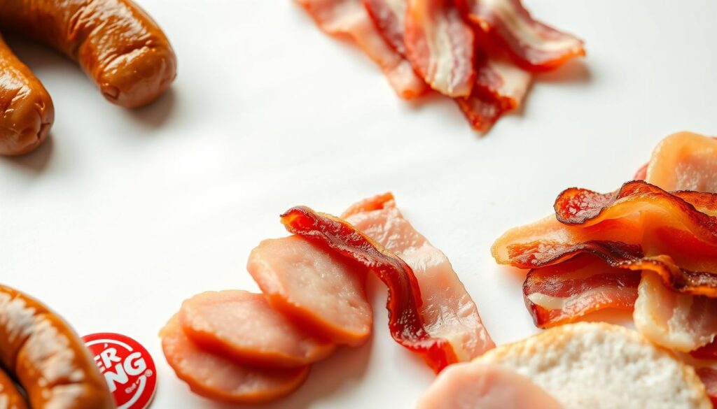 A close-up image of a selection of premium breakfast sandwich meat options from Burger King, including juicy sausage patties, crispy bacon slices, and tender ham cuts. The meats are artfully arranged on a pristine white background, highlighting their rich colors and textures. Soft, natural lighting illuminates the scene, creating a warm and appetizing atmosphere. The composition emphasizes the high quality and variety of the breakfast meat choices, inviting the viewer to imagine the delicious flavors and textures of a freshly prepared Burger King breakfast sandwich.