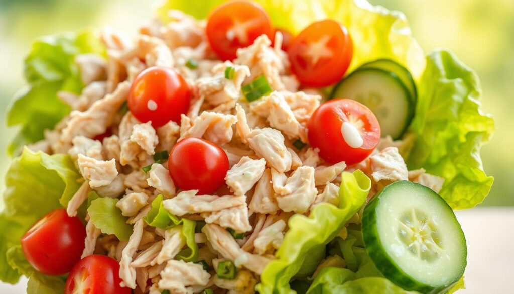 A close-up photograph of a hearty chicken salad against a bright, natural background. The salad is composed of tender, shredded chicken, crisp lettuce leaves, juicy cherry tomatoes, crunchy cucumber slices, and a light, creamy dressing. The arrangement is visually appealing, with the ingredients neatly layered and complementary colors creating an inviting, appetizing presentation. Soft, natural lighting illuminates the scene, highlighting the fresh, nutritious quality of the salad. The image conveys a sense of healthy, balanced sustenance, suitable for a nutritious meal or snack.