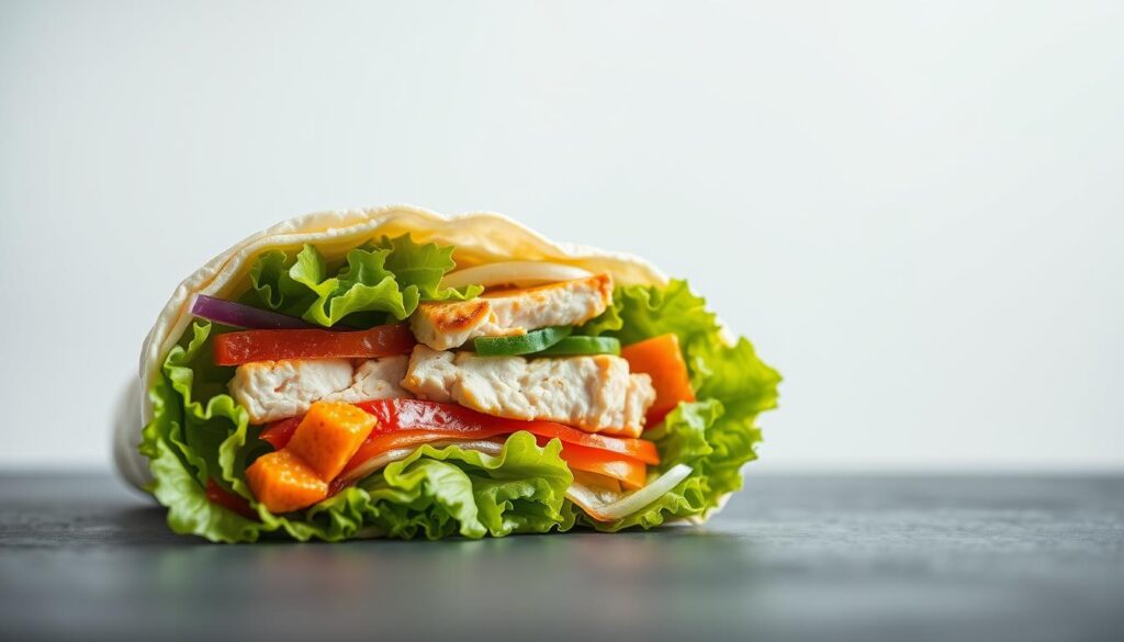 A close-up shot of a Subway chicken wrap against a clean, minimalist background. The wrap is presented in an appetizing manner, showcasing the layers of crisp lettuce, juicy chicken, and fresh vegetables. The lighting is soft and diffused, highlighting the vibrant colors and textures of the ingredients. The composition emphasizes the nutritional information, with a clear focus on the wrap's contents and their health benefits. The overall atmosphere is one of simplicity, cleanliness, and a focus on the nutritional value of the meal.
