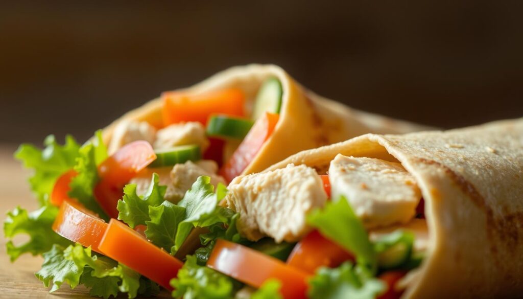 A close-up shot of a Subway chicken wrap, showcasing its fresh, high-quality ingredients. In the foreground, a crisp bed of lettuce, juicy and tender chicken breast, and vibrant vegetables like tomatoes, cucumbers, and bell peppers. In the middle ground, a warm, toasted wrap hugs the filling, its golden-brown texture inviting. The lighting is soft and natural, highlighting the vibrant colors and textures of the ingredients. The overall mood is one of appetizing freshness and quality, reflecting the care and attention put into crafting this delicious and satisfying meal.