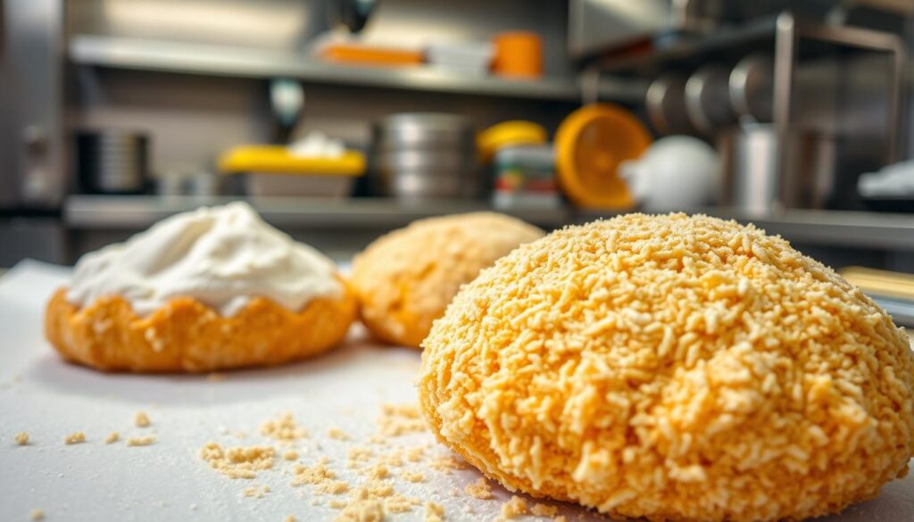 A close-up shot of a detailed chicken sandwich coating process. The foreground features crisp, golden-brown breading, with a mouthwatering texture and sheen. In the middle ground, we see the step-by-step stages of the coating procedure - flour dredging, egg wash application, and final breadcrumb dusting. The background showcases a clean, bright kitchen environment, with stainless steel surfaces and well-organized tools. Warm, diffused lighting creates a professional, culinary atmosphere, highlighting the intricate layers of the coating for a truly appetizing display.