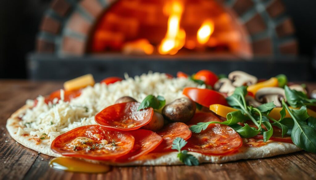 A close-up shot of an assortment of premium pizza toppings arranged neatly on a wooden surface. In the foreground, vibrant slices of pepperoni, juicy mushrooms, and crisp bell peppers lie alongside a sprinkle of fragrant oregano and a drizzle of olive oil. In the middle ground, a variety of cheeses, including mozzarella, parmesan, and grated cheddar, are scattered invitingly. The background features a blurred view of a traditional brick oven, lending an authentic, artisanal atmosphere. The lighting is soft and natural, highlighting the vibrant colors and textures of the toppings. The overall composition evokes the freshness, quality, and culinary expertise associated with a premium Subway pizza.