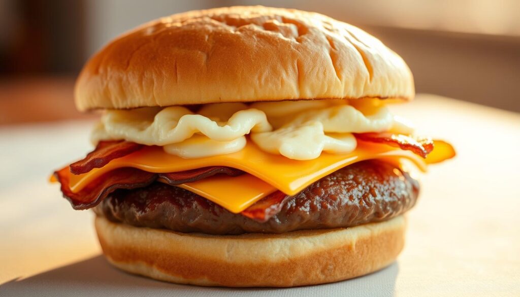 A close-up view of a Burger King Fully Loaded BK Breakfast Sandwich, captured in warm, golden morning light. The sandwich is presented on a clean, neutral surface, showcasing its delicious details. The brioche bun is perfectly toasted, with a soft, pillowy texture. Nestled between the buns are fluffy scrambled eggs, crispy bacon, melted American cheese, and a juicy sausage patty, all glistening with freshness. The composition highlights the sandwich's impressive size and abundance of ingredients, conveying a sense of indulgence and satisfaction. The image aims to entice the viewer, inviting them to consider the worthiness of the caloric investment in this tempting breakfast creation.