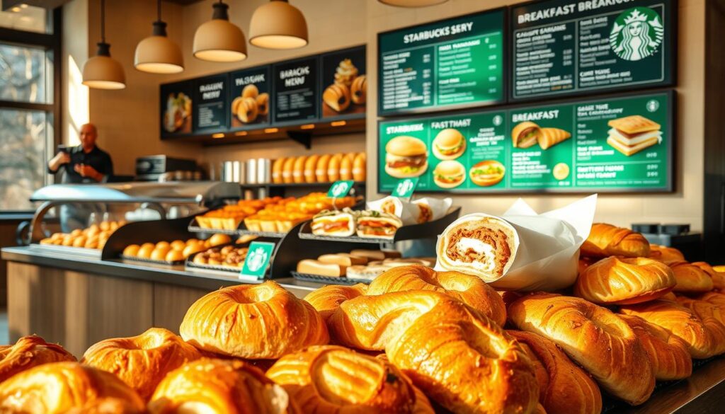 A cozy and inviting Starbucks bakery and breakfast menu, showcased in a warm, natural light-filled setting. In the foreground, an array of freshly baked pastries and breads, their golden crusts and flaky textures enticing the viewer. In the middle ground, a display of breakfast sandwiches and wraps, each crafted with care and attention to detail. The background features a beautifully designed menu board, highlighting the various breakfast offerings, from classic eggs and bacon to healthier options like avocado toast. The overall atmosphere is one of comfort and quality, inviting the viewer to imagine themselves enjoying a satisfying morning meal at this Starbucks location.