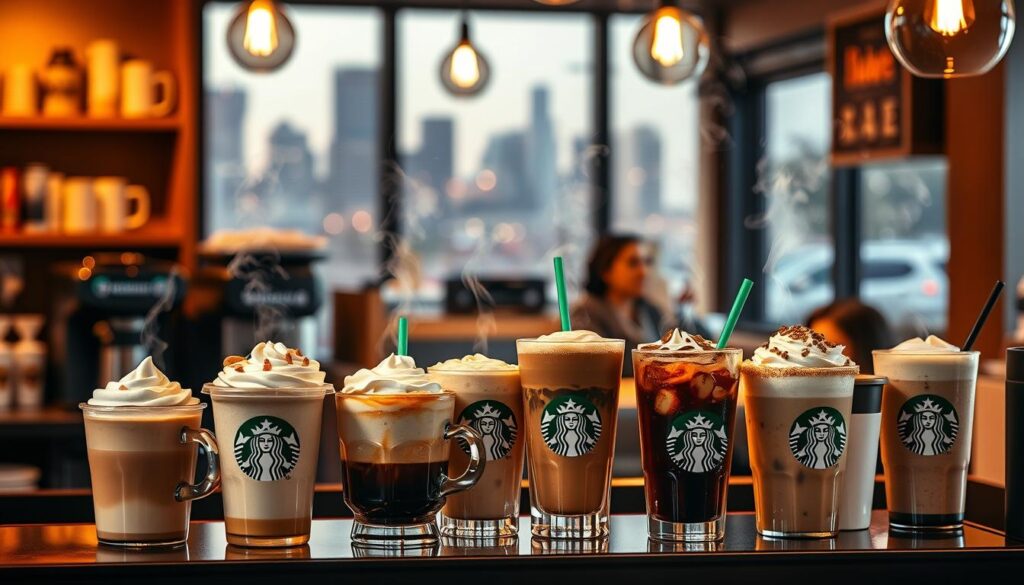 A cozy and inviting coffee shop interior, with a well-stocked counter showcasing an array of Starbucks' signature hot coffee drinks. Warm lighting illuminates the steam rising from expertly crafted lattes, cappuccinos, and specialty beverages, each with their own distinct toppings and garnishes. The background features a softly blurred city skyline, hinting at the bustling urban setting. The composition highlights the artful presentation and enticing aroma of these premium Starbucks hot coffee creations, inviting the viewer to imagine the satisfying experience of sipping these delectable drinks.