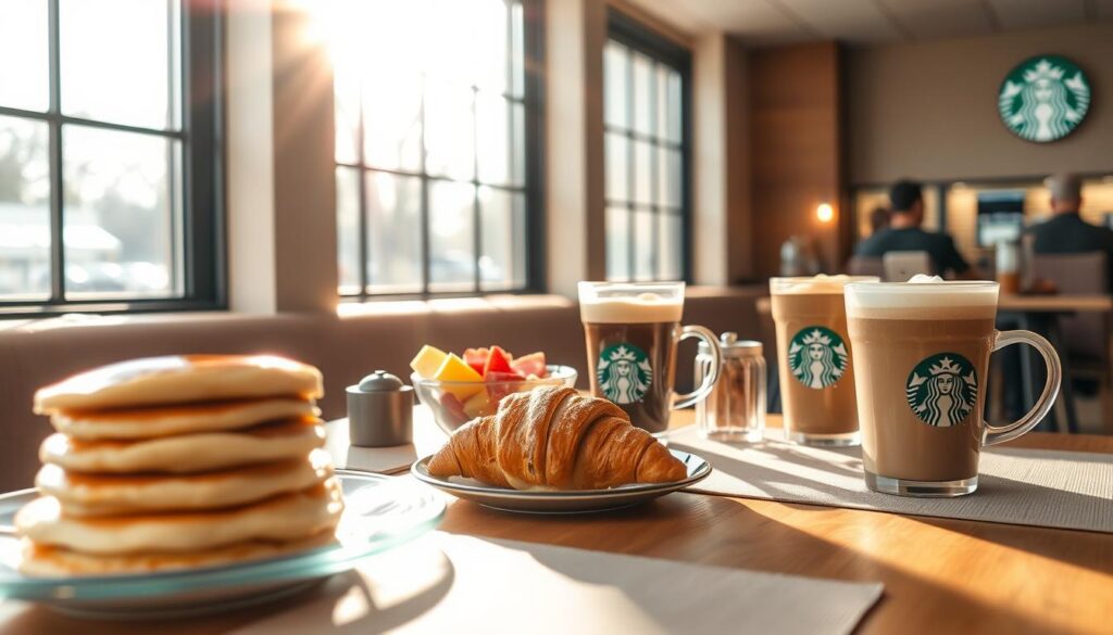A cozy breakfast nook in a Starbucks cafe, bathed in warm natural light streaming through large windows. In the foreground, an arrangement of various breakfast items - a stack of fluffy pancakes, a buttery croissant, and a fresh fruit salad. Alongside them, an array of Starbucks signature coffee beverages, including a rich, creamy latte, a bold, aromatic americano, and a smooth, velvety cappuccino. The middle ground features a wooden table with neutral-toned placemats and minimal decor, creating a clean, modern aesthetic. In the background, the cafe's signature green and white branding is visible, hinting at the Starbucks experience. The overall scene conveys a sense of calm, comfort, and the perfect start to the day.