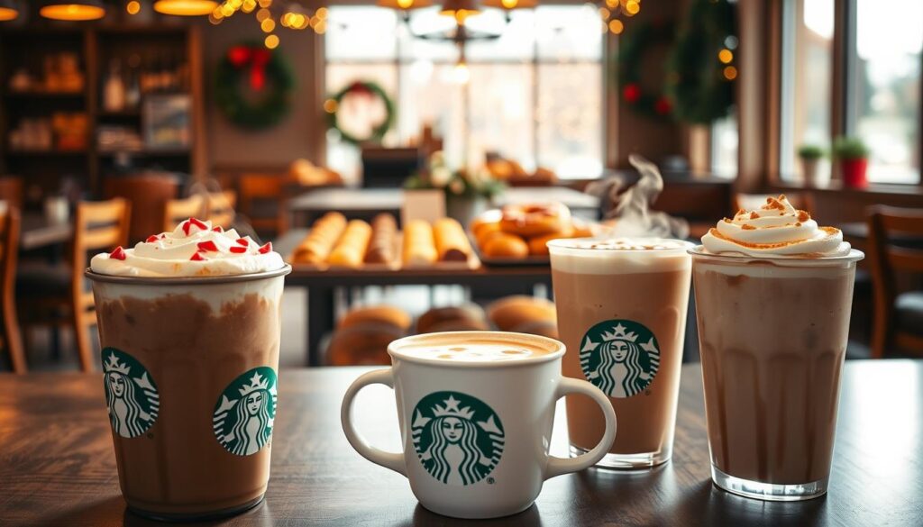 A cozy coffee shop setting with seasonal Starbucks drinks front and center. In the foreground, a variety of colorful holiday cups filled with steaming beverages - a festive Peppermint Mocha, a warm Gingerbread Latte, and a creamy Toasted White Chocolate Mocha. The middle ground features a display of classic Starbucks pastries and baked goods, their warm golden hues complementing the vibrant drinks. In the background, a softly lit café interior with wooden furniture and twinkling string lights, creating a inviting, intimate atmosphere. Subtle holiday decorations like wreaths and garlands add a touch of seasonal cheer. Warm, natural lighting bathes the entire scene, capturing the cozy, indulgent essence of Starbucks' limited-time seasonal offerings.