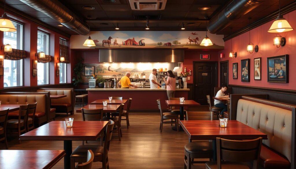 A cozy, family-friendly Applebee's restaurant interior, bathed in warm, inviting lighting. The foreground features a spacious dining area with sturdy wooden tables and comfortable upholstered booths, perfect for sharing a meal. The middle ground showcases a bustling open kitchen, where skilled chefs prepare delectable dishes. In the background, a vibrant mural adorns the wall, depicting scenes of American heartland and small-town charm. Subtle decorative touches, such as potted plants and framed artwork, create a welcoming ambiance. The overall atmosphere conveys a sense of casual comfort and togetherness, making it an ideal setting for families to enjoy a wholesome, memorable dining experience.