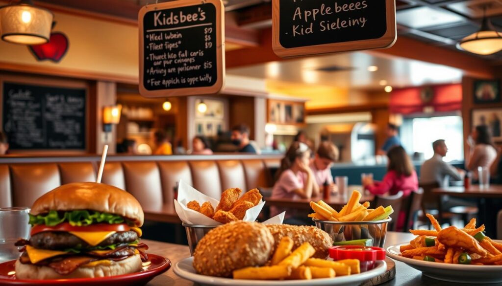 A cozy, warm-lit diner scene featuring the Applebee's Kids Menu Seasonal Specials. In the foreground, a delightful array of kid-friendly dishes - juicy burgers, crispy chicken tenders, and vibrant veggie sides. Floating above, handwritten chalkboard menus highlight the limited-time offerings. In the middle ground, families gathered around wood-paneled booths, enjoying quality time together. The background depicts the inviting atmosphere of the Applebee's restaurant, with glimpses of the open kitchen and friendly staff. Soft, diffused lighting casts a comforting glow, evoking a sense of nostalgia and community.