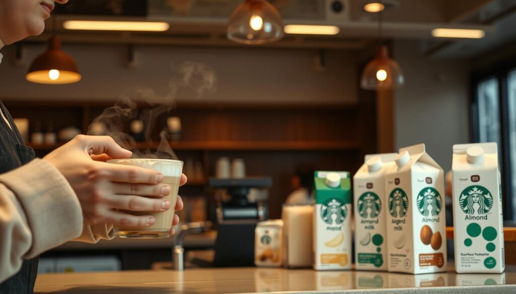 A cozy, well-lit Starbucks cafe setting, showcasing an array of dairy-free drink options. In the foreground, a barista's hands carefully preparing a creamy oat milk latte, steam gently rising. In the middle ground, a variety of dairy-free milk cartons, including almond, soy, and coconut, neatly arranged on the counter. The background features a warm, inviting ambiance with soft lighting, neutral tones, and Starbucks' signature aesthetic. The overall mood is calm, welcoming, and focused on the dairy-free beverage options available to health-conscious customers.