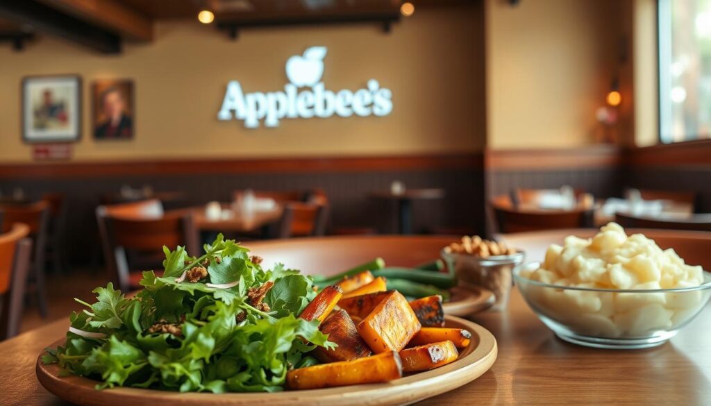 A cozy, well-lit restaurant interior with an inviting atmosphere. In the foreground, a wooden table showcases an array of gluten-free side dishes, including a vibrant green salad, roasted vegetables with a light seasoning, and a creamy mashed potato side. The middle ground features the Applebee's logo subtly displayed on the wall, conveying the setting. The background is softly blurred, suggesting a peaceful ambiance. The lighting is warm and natural, creating a welcoming ambiance. The camera angle is slightly elevated, allowing the viewer to appreciate the thoughtfully presented gluten-free options.