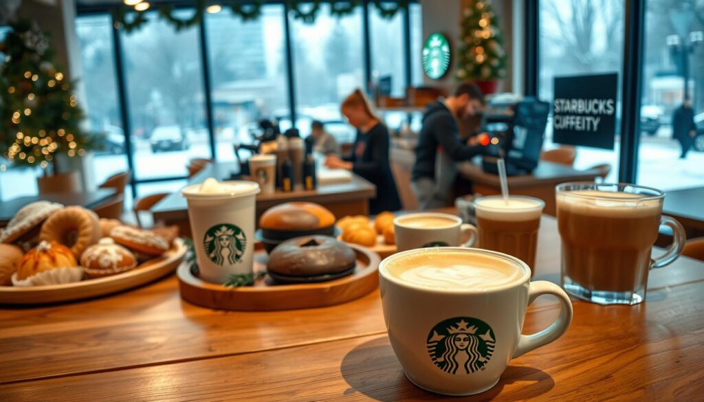 A cozy winter scene featuring an assortment of Starbucks' non-dairy drinks and treats. In the foreground, a steaming cup of almond milk latte sits atop a wooden table, surrounded by a selection of plant-based pastries. In the middle ground, baristas work behind the counter, preparing holiday-inspired beverages like oat milk hot chocolate and coconut milk chai tea latte. The background showcases a warm, inviting Starbucks cafe, with soft lighting, seasonal decor, and large windows overlooking a snowy cityscape. The overall atmosphere evokes a sense of comfort, indulgence, and festive cheer, showcasing Starbucks' diverse non-dairy options for the winter season.