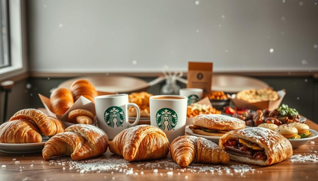 A cozy winter scene showcasing a variety of savory Starbucks menu items on a wooden table. In the foreground, an assortment of fresh-baked pastries, such as flaky croissants and savory breakfast sandwiches, are arranged artfully. In the middle ground, a steaming cup of hot coffee or tea takes center stage, surrounded by other seasonal offerings like warm quiches, hearty soups, and flavorful protein boxes. The background features a minimalist, snow-dusted cafe setting with clean lines and muted tones, creating a sense of calm and comfort. Soft, natural lighting illuminates the scene, highlighting the textures and colors of the dishes. The overall atmosphere evokes the welcoming ambiance of a Starbucks cafe during the winter months.