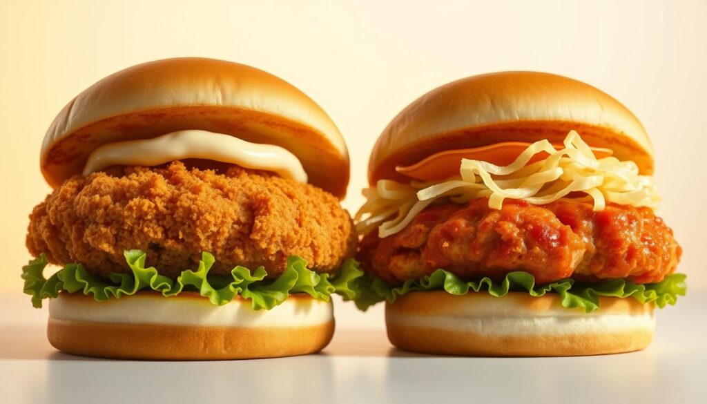 A crisp, closeup view of two mouth-watering Burger King chicken sandwiches, one classic and one spicy, set against a clean, minimalist background. The classic sandwich features a golden-brown, breaded chicken patty with creamy mayo and crunchy lettuce, while the spicy variant boasts a fiery, breaded chicken patty with a vibrant red-orange glaze and cool, shredded lettuce. Warm, natural lighting from the side accentuates the juicy textures and highlights the subtle differences between the two flavorful options. Shot with a sharp, professional-grade lens to capture every tempting detail.