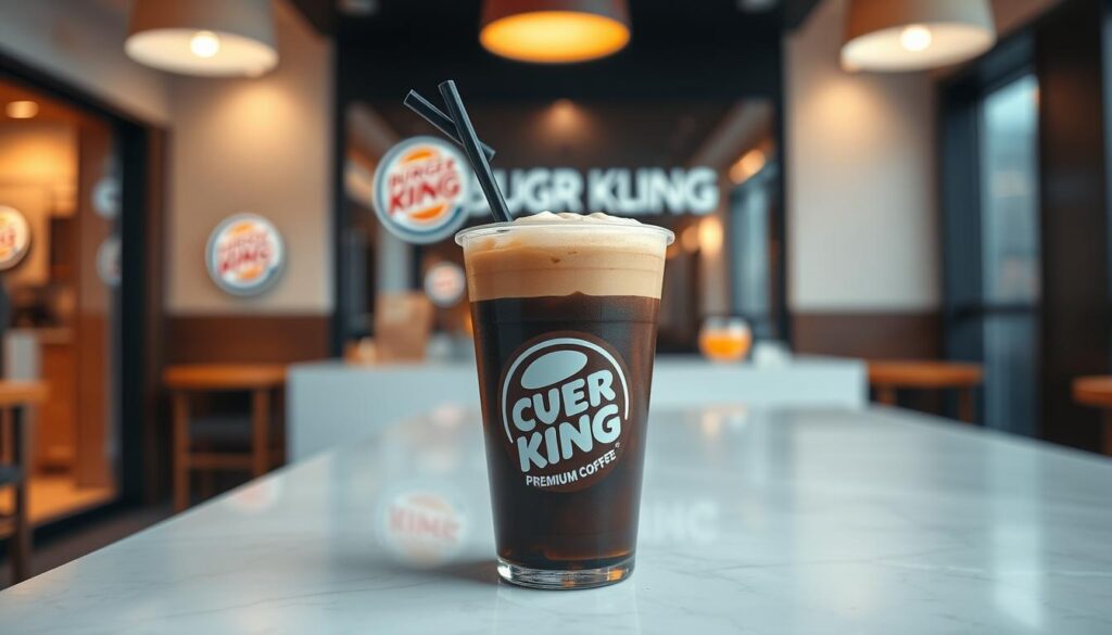 A crisp, high-resolution image of a Burger King Cold Brew Premium Coffee in a sleek, transparent glass cup with a straw. The coffee is a rich, dark brown color with a thick, creamy foam on top. The cup is placed on a clean, white marble surface, with a blurred background of a modern, minimalist Burger King storefront interior. Soft, warm lighting from above casts a cozy, inviting glow on the scene. The overall mood is one of premium quality, sophistication, and a refreshing coffee experience.