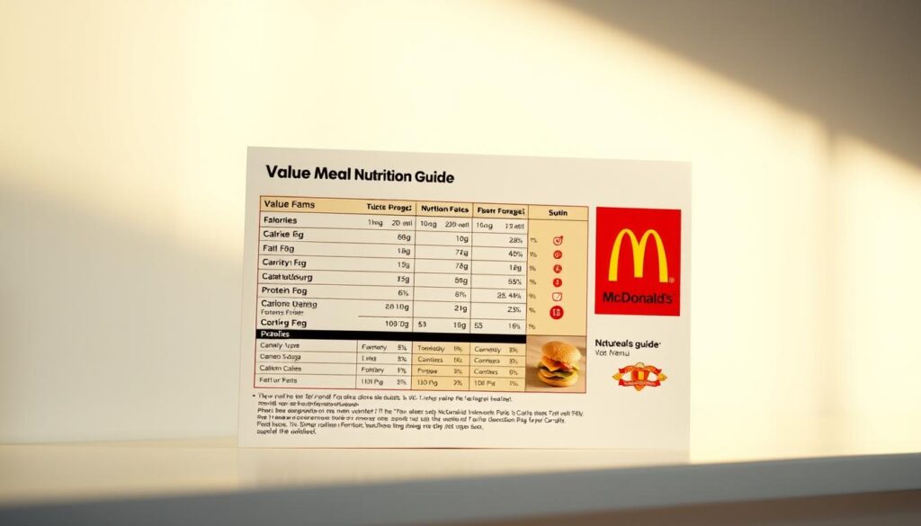 A crisp, high-resolution image of a McDonald's Value Meal nutrition guide displayed on a clean, modern background. The guide features a clear, easy-to-read layout with calorie, fat, carbohydrate, and protein information for each menu item. The guide is presented in a neutral color palette, with the McDonald's logo subtly placed in the corner. Soft, natural lighting casts a warm, inviting glow on the guide, emphasizing the informative nature of the content. The image conveys a sense of transparency and helpfulness, allowing the viewer to easily understand the nutritional details of the Value Meal options.