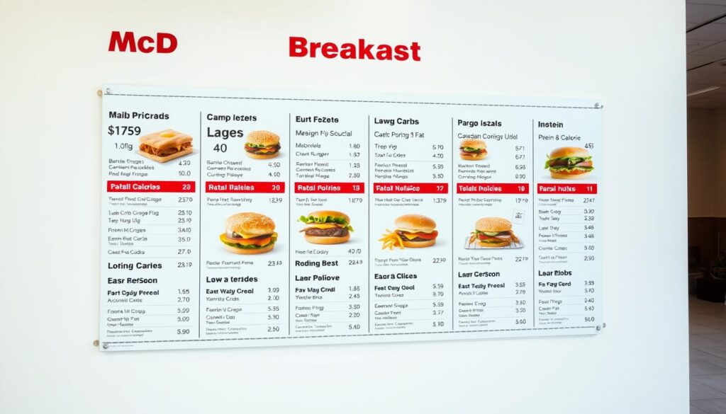 A crisp, well-lit photograph of a McDonald's breakfast menu displayed on a clean, minimalist background. The menu items are arranged neatly, with each item's nutritional information - calories, fat, carbs, protein - presented in a clear, easy-to-read format. The lighting is soft and even, highlighting the vivid colors of the menu items. The camera angle is slightly elevated, giving a comprehensive view of the entire menu. The overall tone is informative and practical, conveying the nutritional details of the breakfast options in an accessible manner.