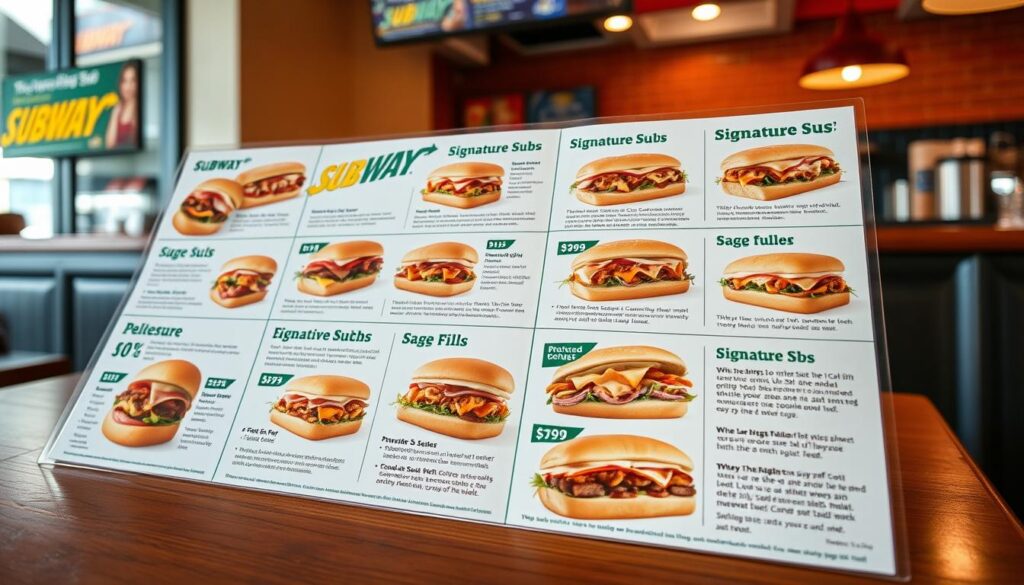 A crisp, well-lit photograph of a Subway restaurant's signature subs lunch menu displayed on a wooden table. The menu showcases a variety of delectable sandwiches, each accompanied by mouthwatering visuals and concise descriptions. The layout is clean and organized, with a focus on highlighting the key ingredients and flavors of each signature sub. The lighting is warm and natural, casting a soft glow over the scene. The camera angle is slightly elevated, providing a comprehensive view of the entire menu. The overall atmosphere conveys a sense of classic, casual dining experience.